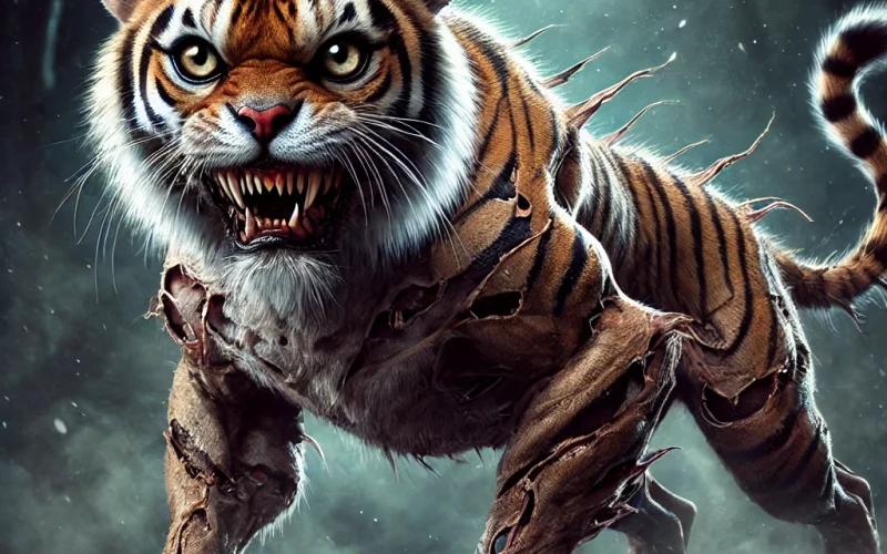 DALL·E 2024-11-10 13.42.17 - A terrifying creature fused between a Bengal tiger and a Chihuahua, with the fierce muscular body and stripes of a tiger but with small, intense Chihu
