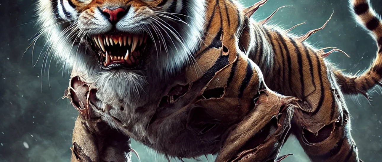 DALL·E 2024-11-10 13.42.17 - A terrifying creature fused between a Bengal tiger and a Chihuahua, with the fierce muscular body and stripes of a tiger but with small, intense Chihu